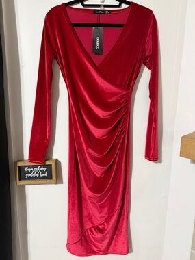 Boohoo Red Velvet Long Sleeve Wrap Midi Dress